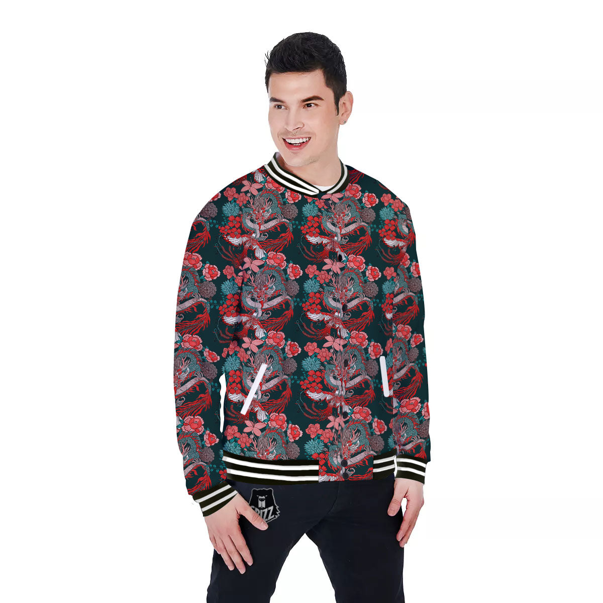 Flower Chinese Dragon Print Pattern Baseball Jacket-grizzshop