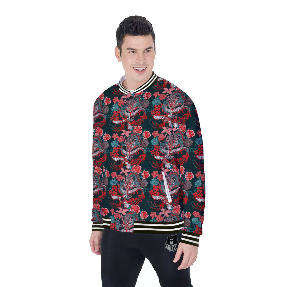 Flower Chinese Dragon Print Pattern Baseball Jacket-grizzshop