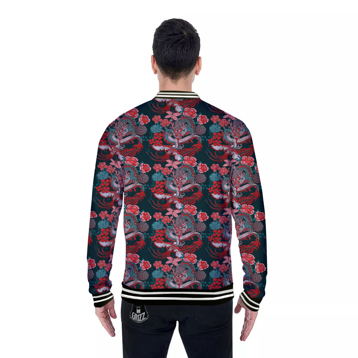 Flower Chinese Dragon Print Pattern Baseball Jacket-grizzshop