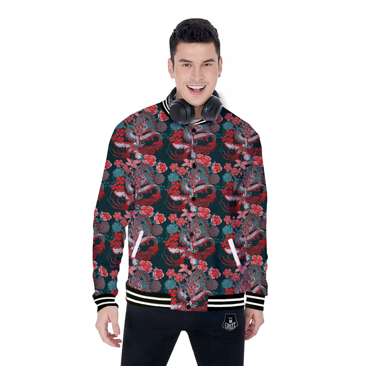 Flower Chinese Dragon Print Pattern Baseball Jacket-grizzshop