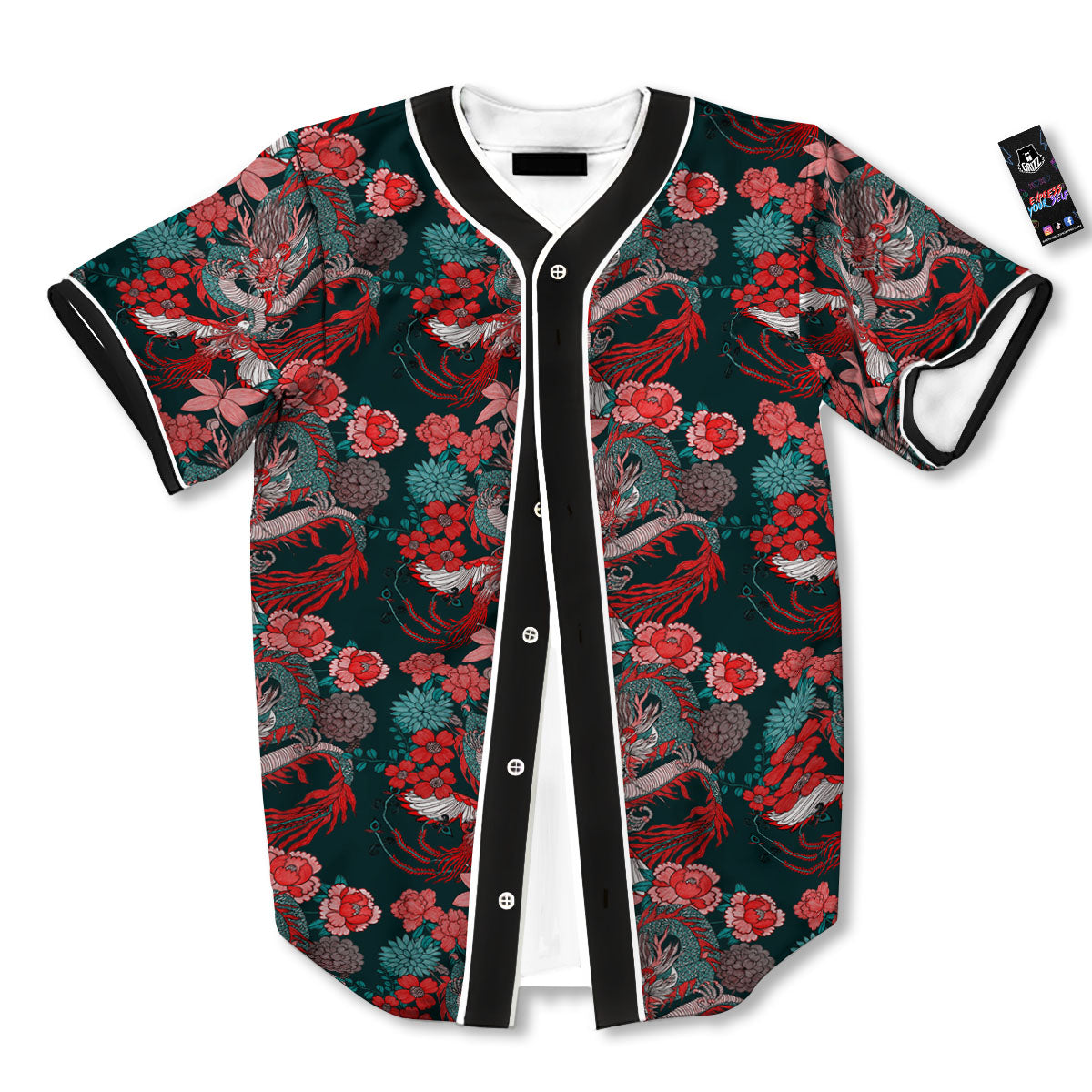 Flower Chinese Dragon Print Pattern Baseball Jersey-grizzshop