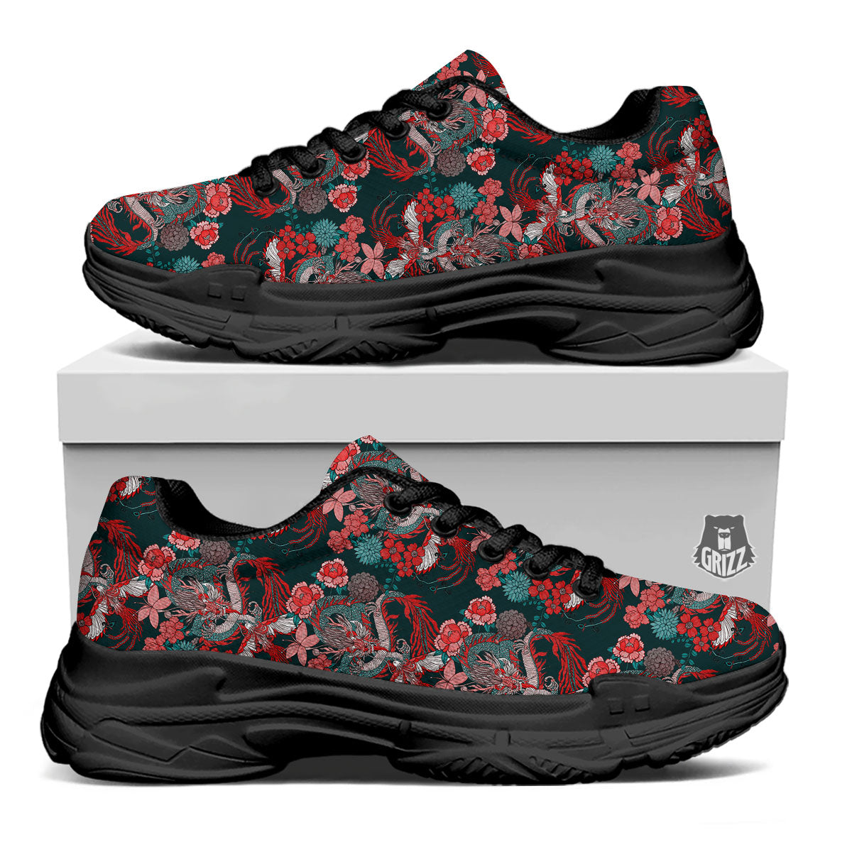 Flower Chinese Dragon Print Pattern Black Chunky Shoes-grizzshop