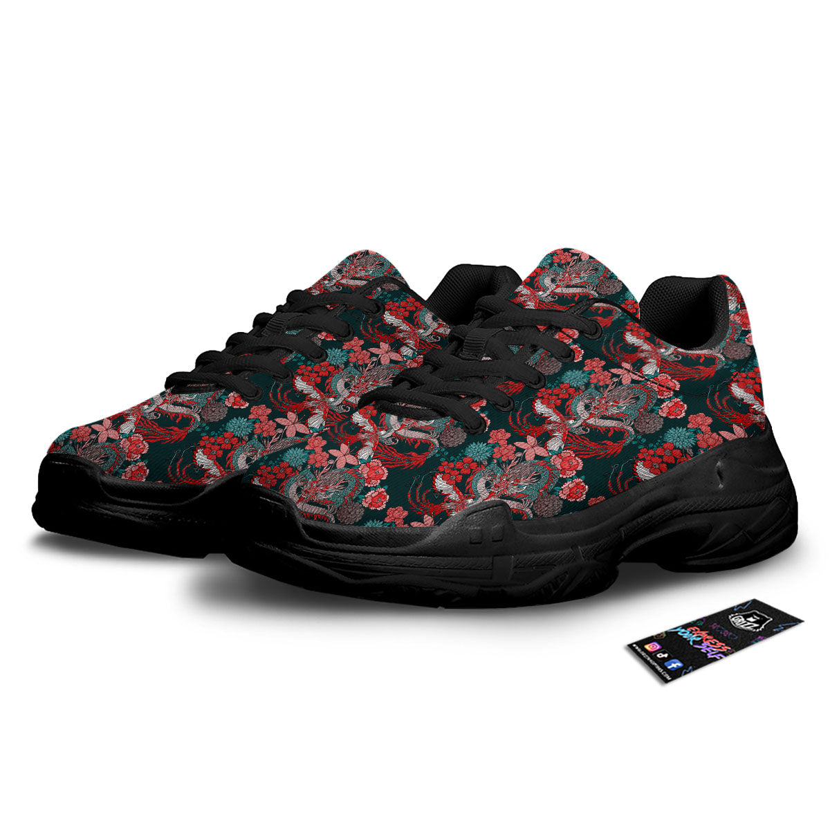 Flower Chinese Dragon Print Pattern Black Chunky Shoes-grizzshop
