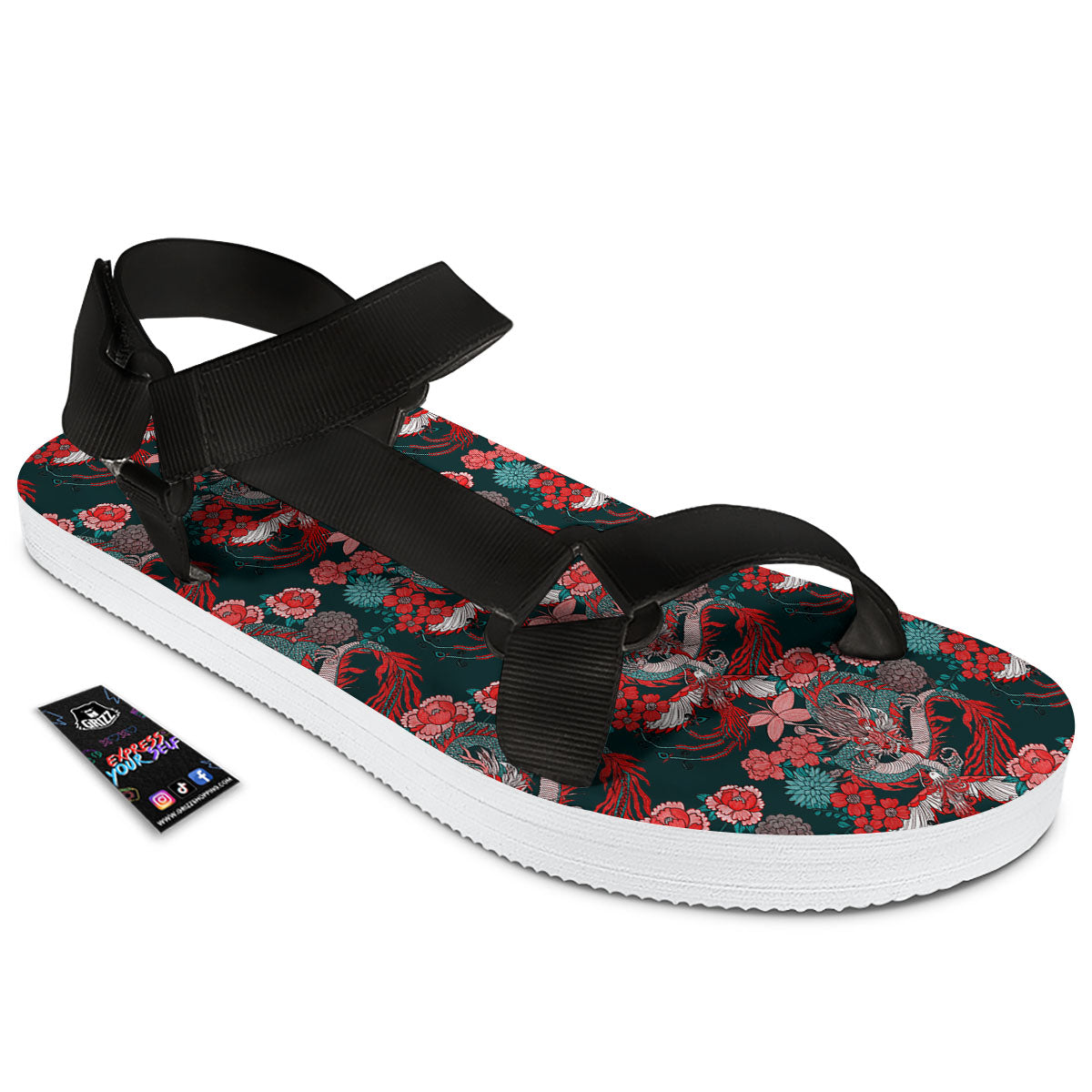 Flower Chinese Dragon Print Pattern Black Open Toe Sandals-grizzshop