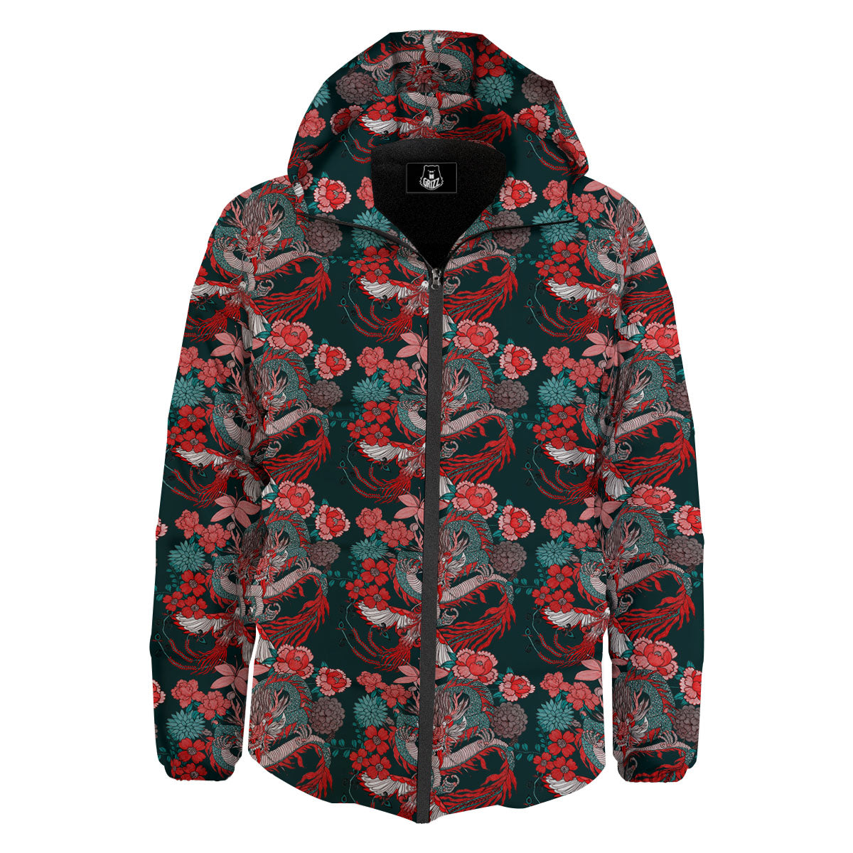 Flower Chinese Dragon Print Pattern Down Jacket-grizzshop