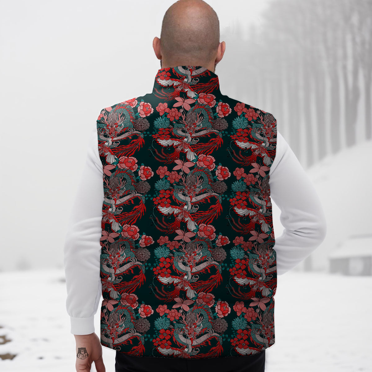 Flower Chinese Dragon Print Pattern Down Vest