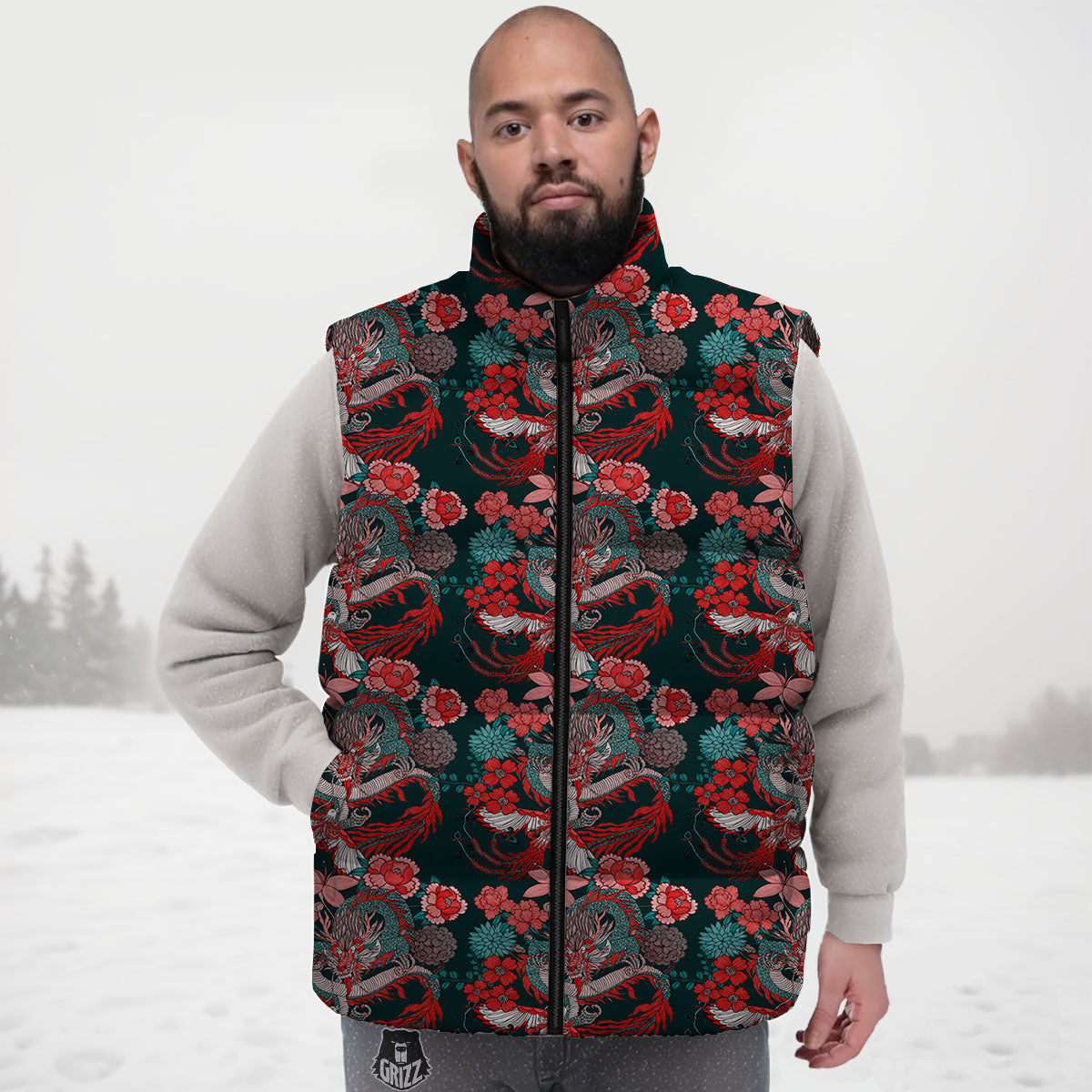 Flower Chinese Dragon Print Pattern Down Vest