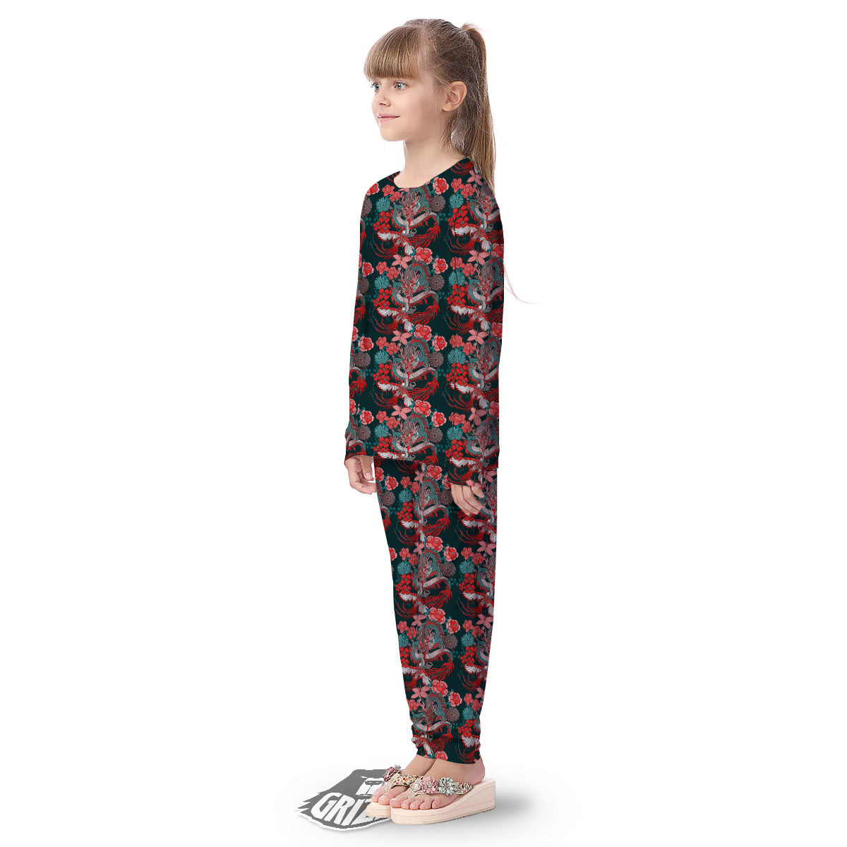 Flower Chinese Dragon Print Pattern Kid's Pajamas-grizzshop