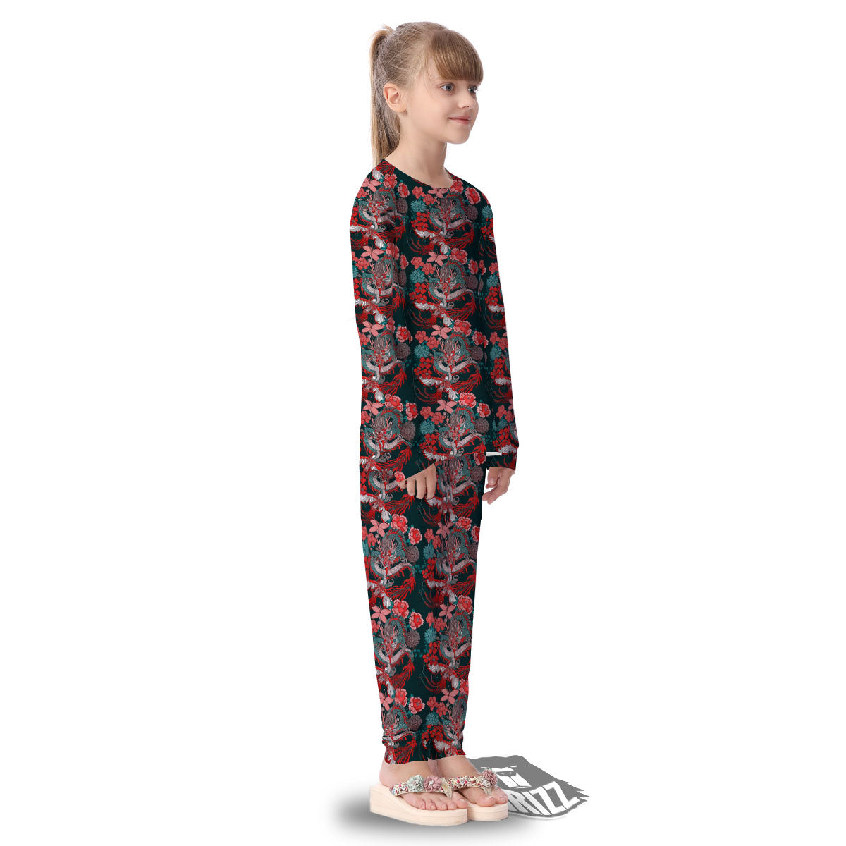 Flower Chinese Dragon Print Pattern Kid's Pajamas-grizzshop