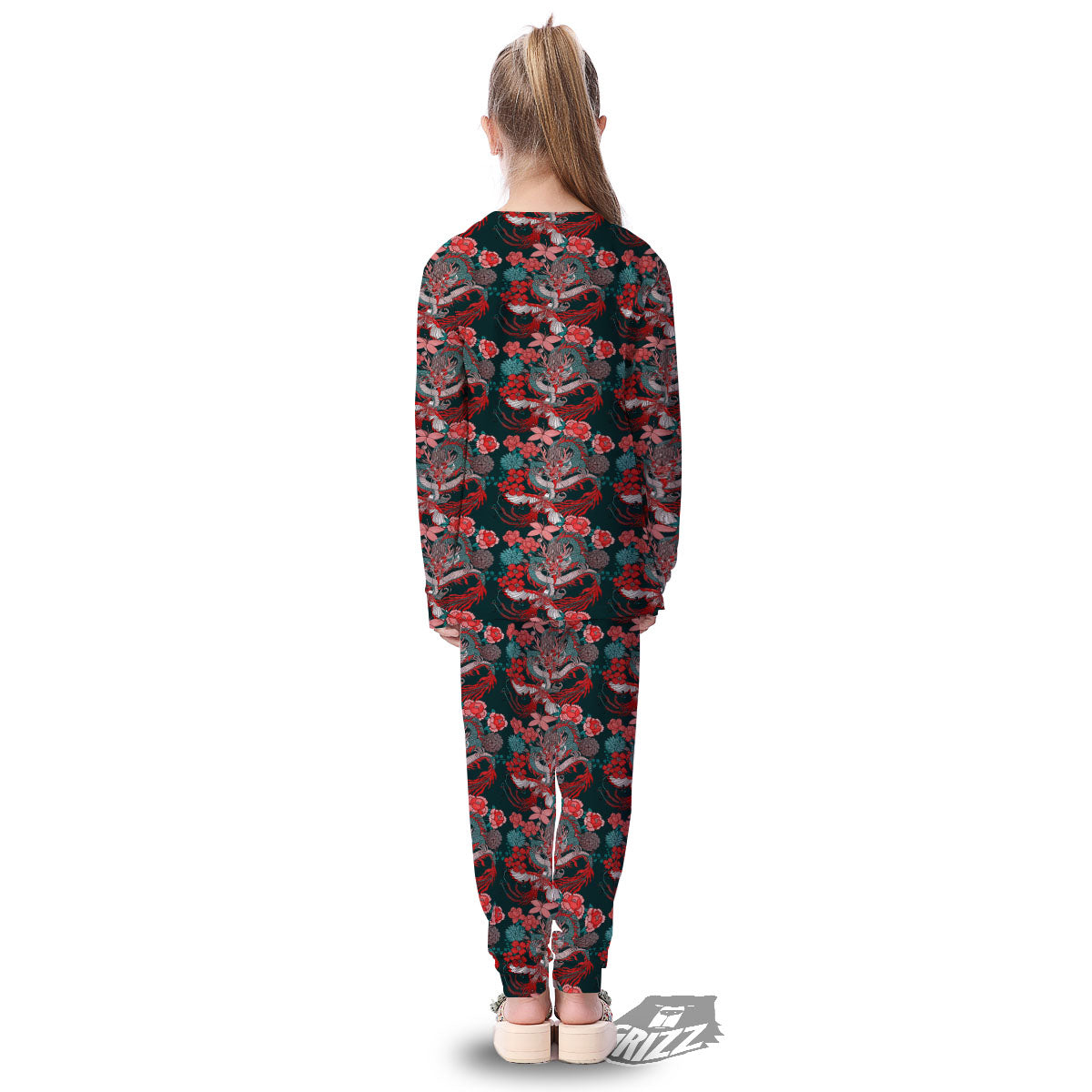 Flower Chinese Dragon Print Pattern Kid's Pajamas-grizzshop