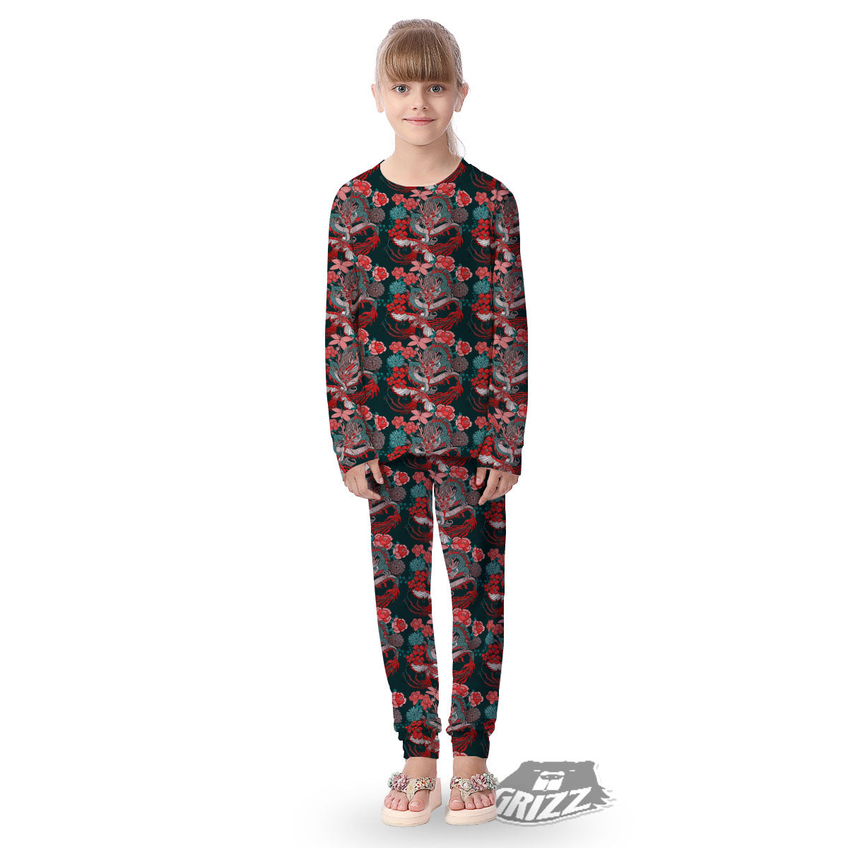 Flower Chinese Dragon Print Pattern Kid's Pajamas-grizzshop