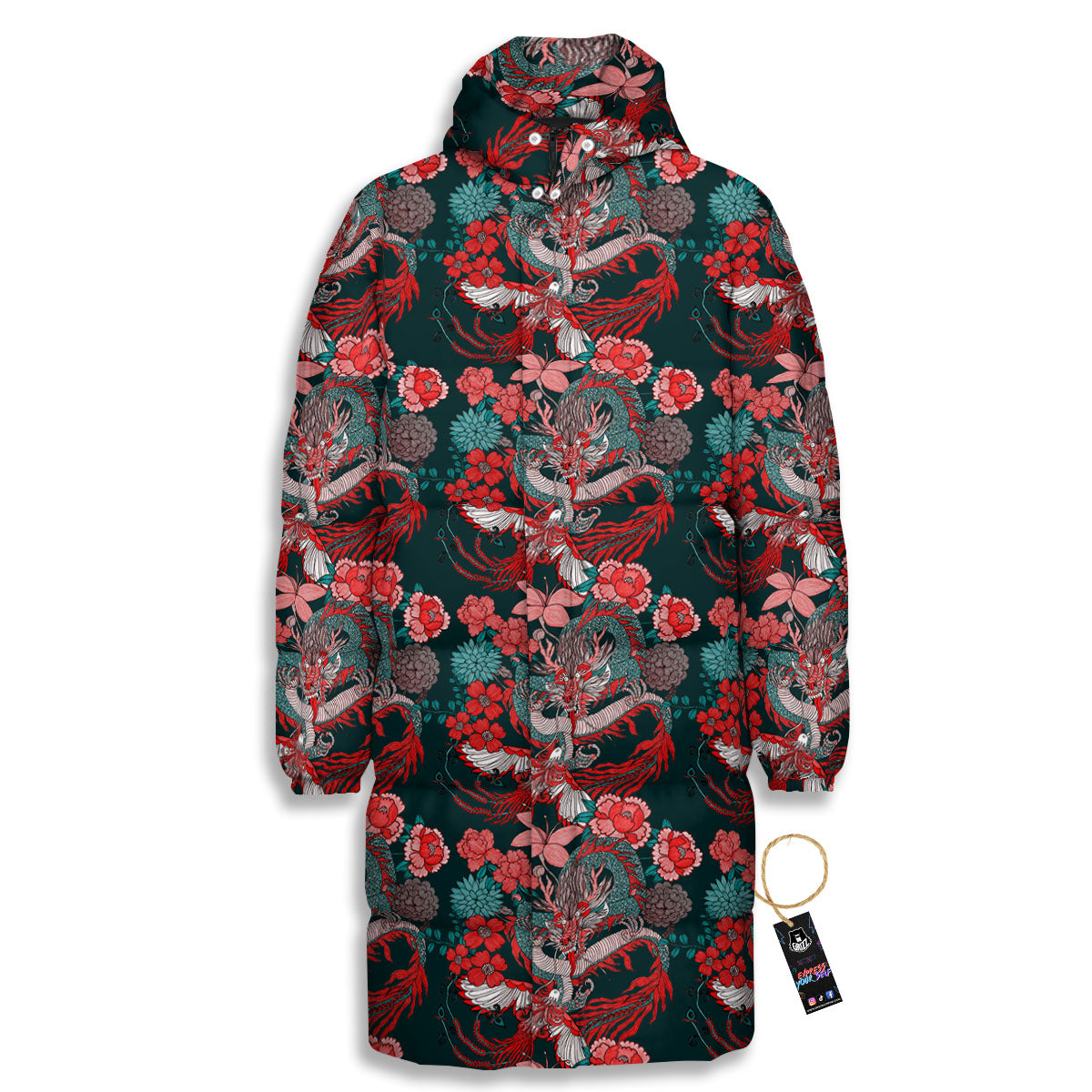 Flower Chinese Dragon Print Pattern Long Down Jacket-grizzshop