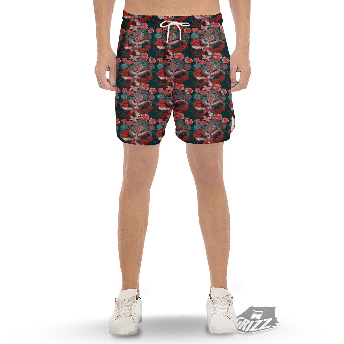Flower Chinese Dragon Print Pattern Men's Gym Shorts-grizzshop