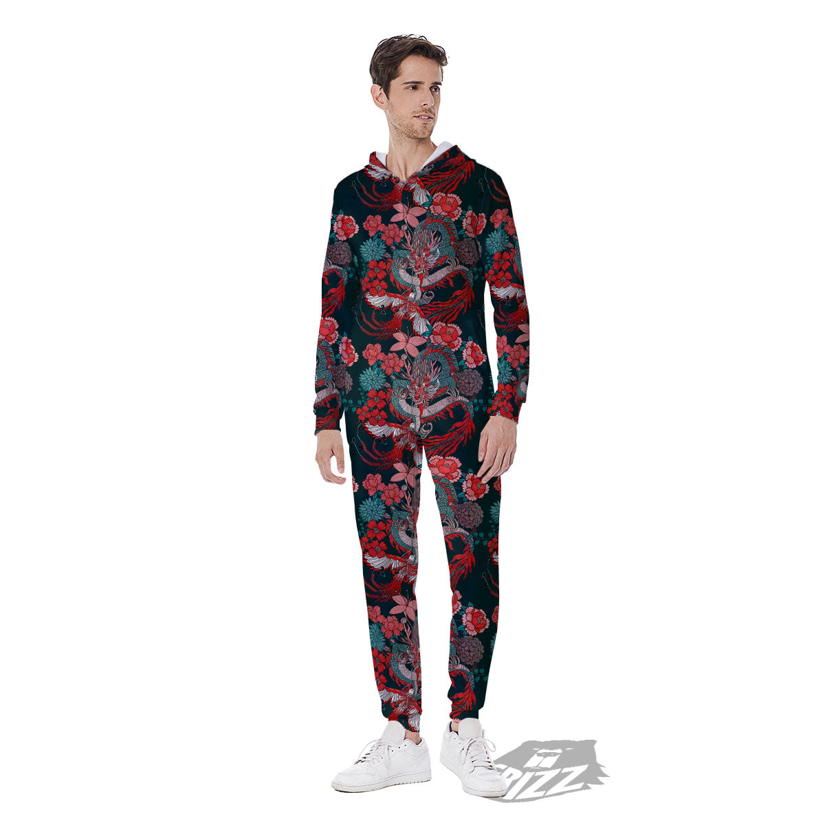 Flower Chinese Dragon Print Pattern Men's Jumpsuit-grizzshop