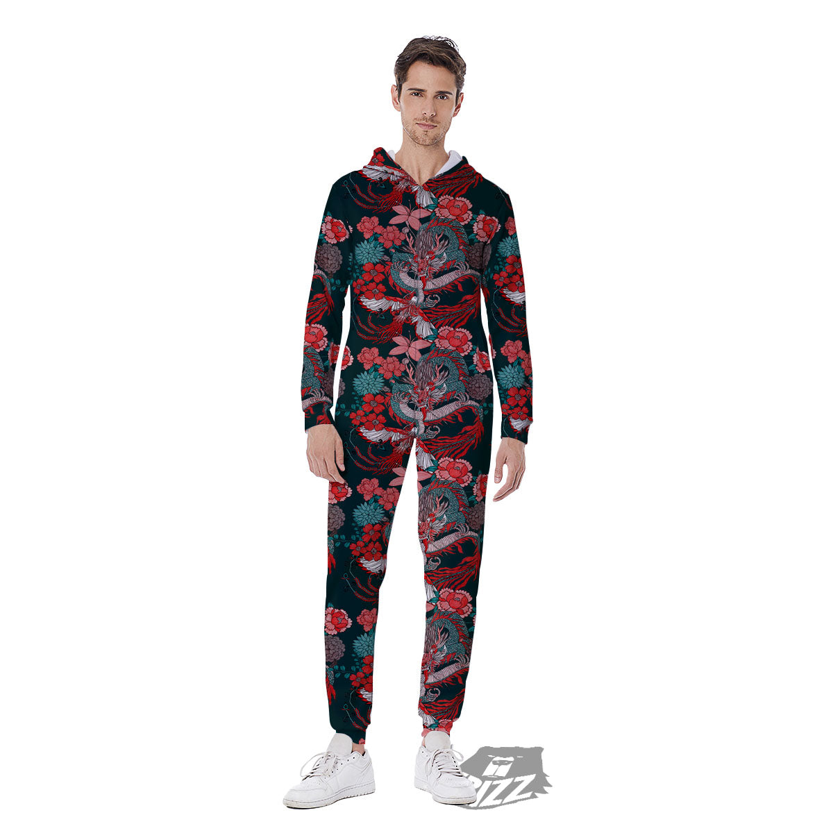 Flower Chinese Dragon Print Pattern Men's Jumpsuit-grizzshop