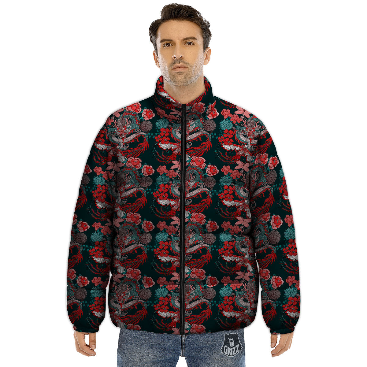 Flower Chinese Dragon Print Pattern Puffer Jacket-grizzshop
