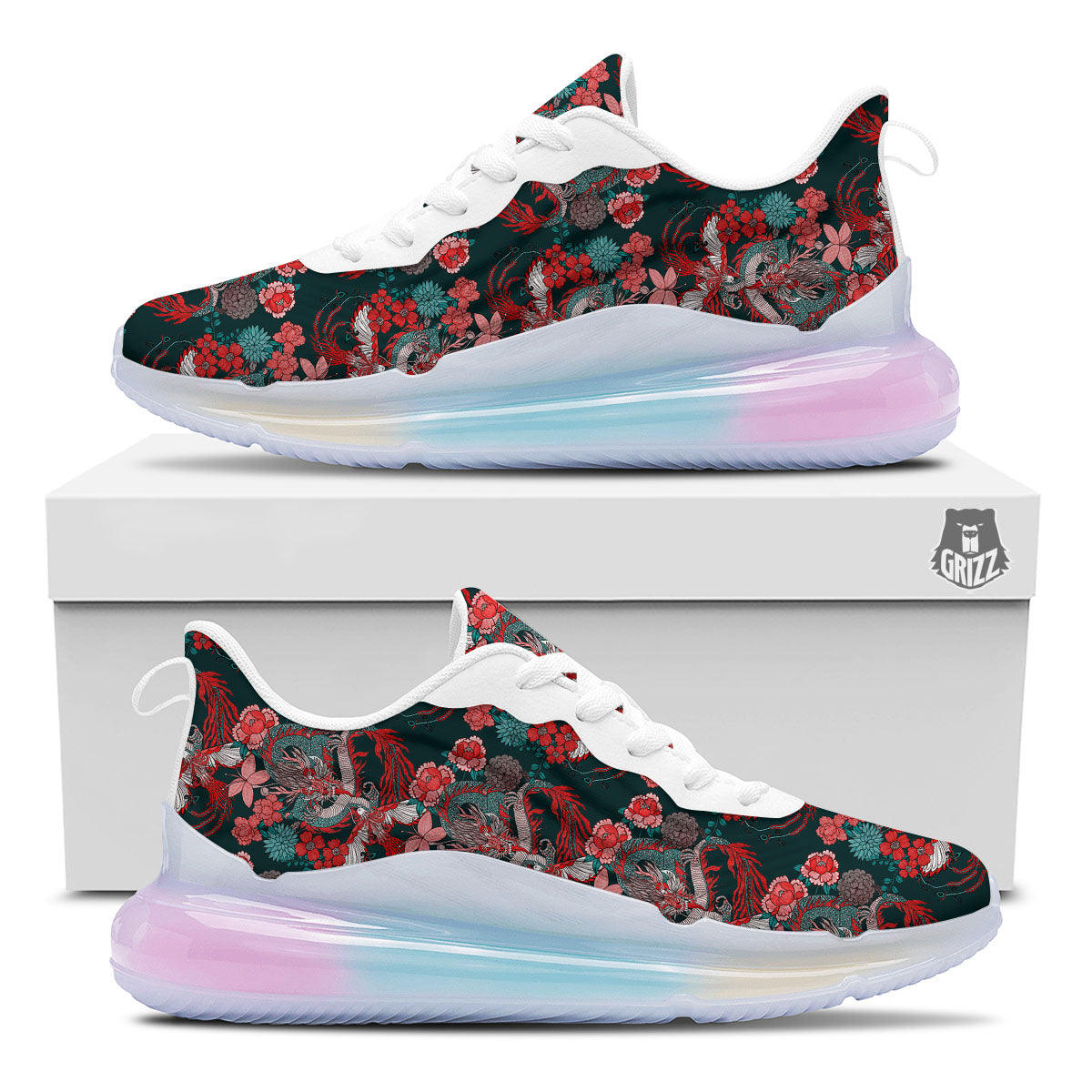Flower Chinese Dragon Print Pattern Running Sneakers-grizzshop