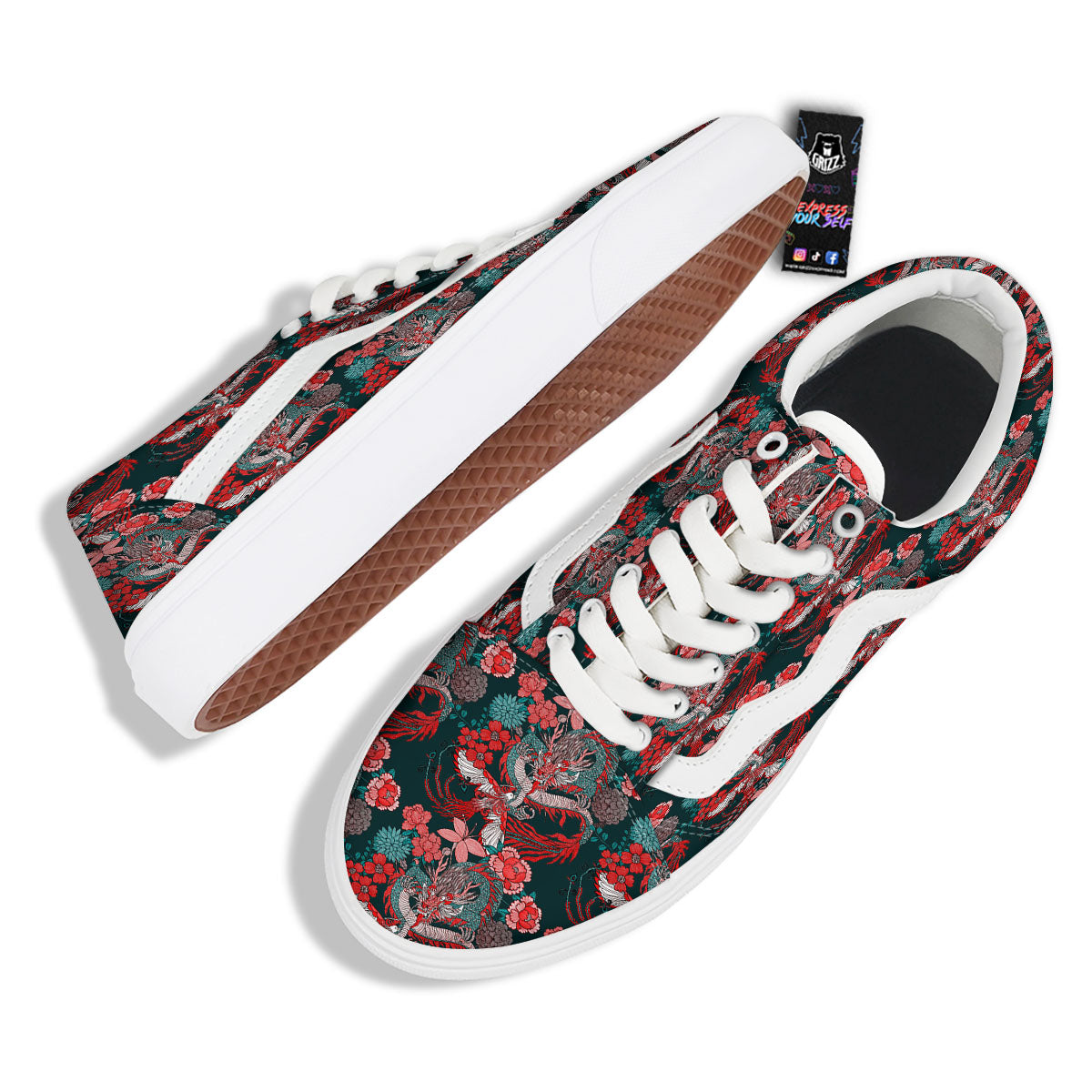 Flower Chinese Dragon Print Pattern Skate Shoes-grizzshop