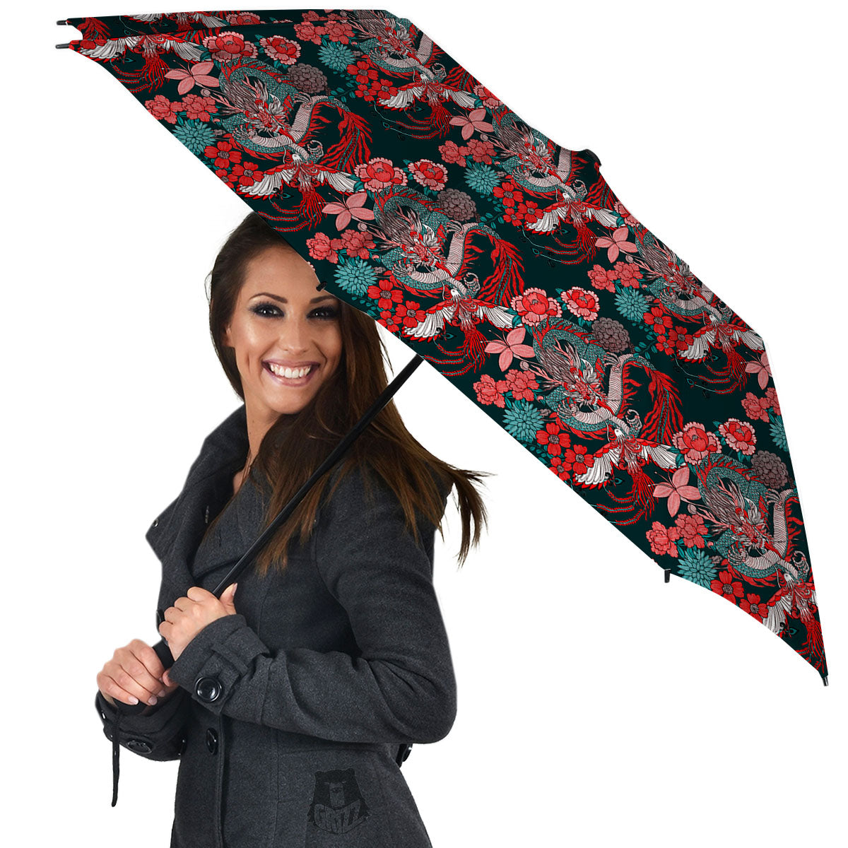 Flower Chinese Dragon Print Pattern Umbrella-grizzshop