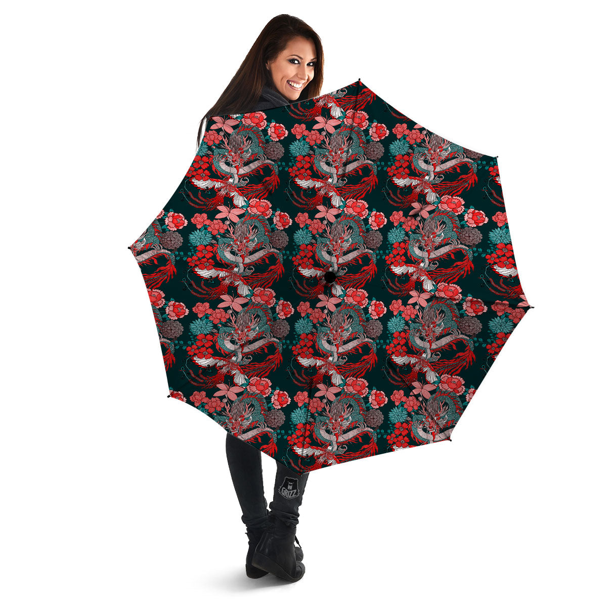 Flower Chinese Dragon Print Pattern Umbrella-grizzshop