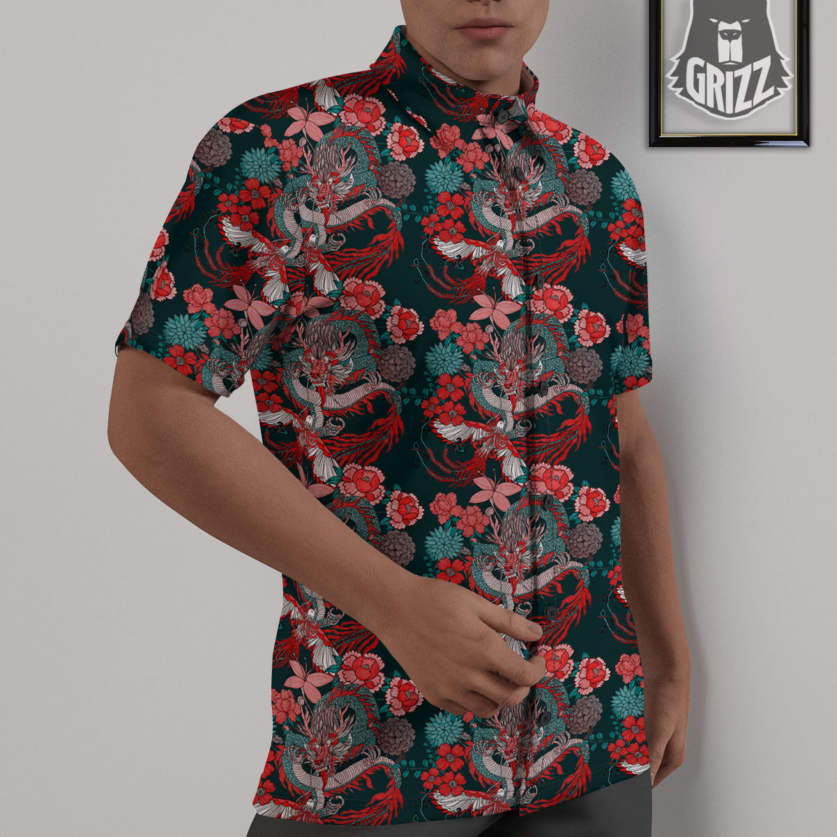 Flower Chinese Dragon Print Pattern Untucked Shirts-grizzshop