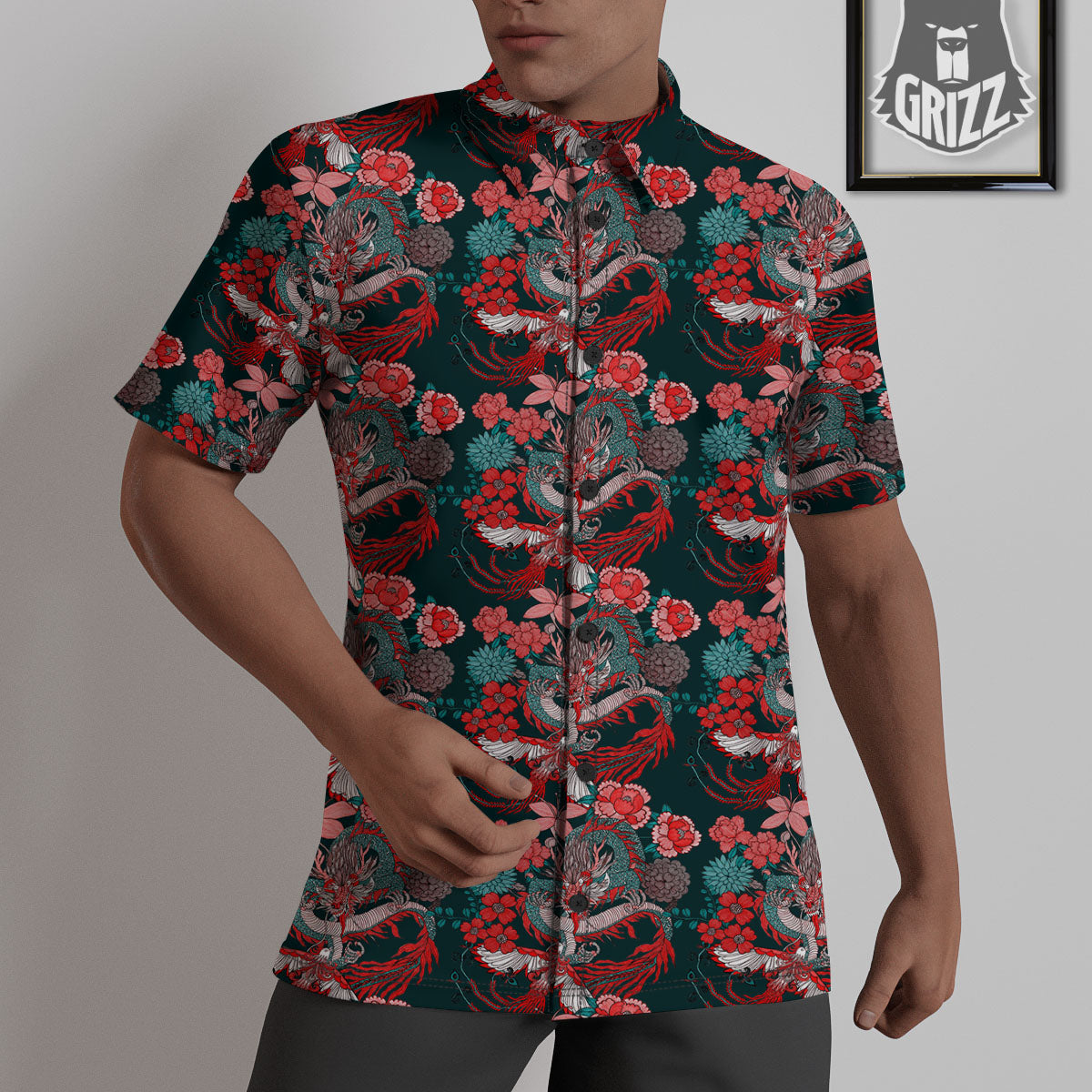 Flower Chinese Dragon Print Pattern Untucked Shirts-grizzshop