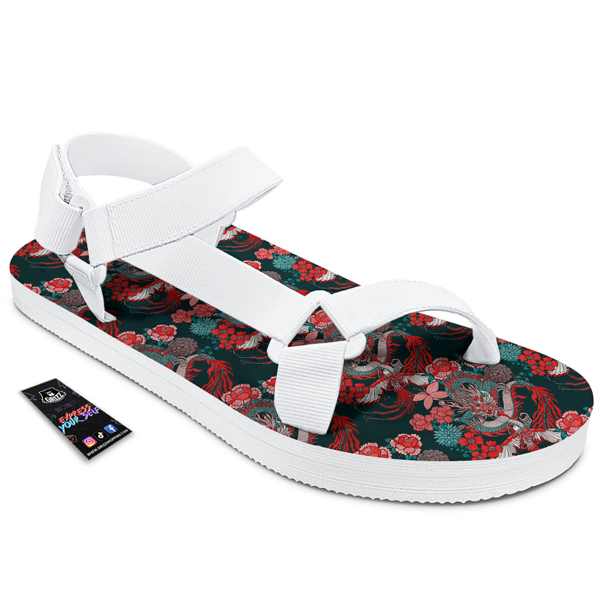 Flower Chinese Dragon Print Pattern White Open Toe Sandals-grizzshop