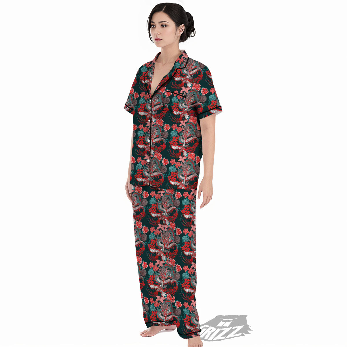 Flower Chinese Dragon Print Pattern Women's Pajamas Set-grizzshop