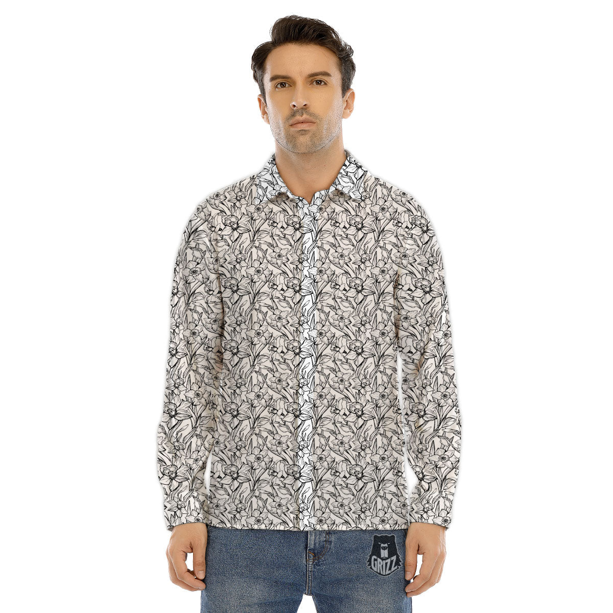 Flower Daffodil Drawing Print Pattern Men's Dress Shirts-grizzshop