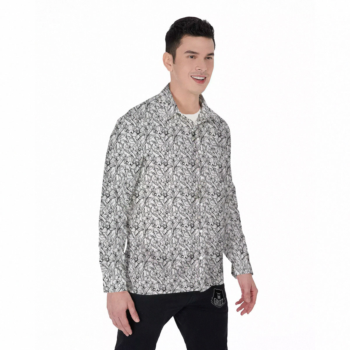 Flower Daffodil Drawing Print Pattern Men's Long Sleeve Shirts-grizzshop