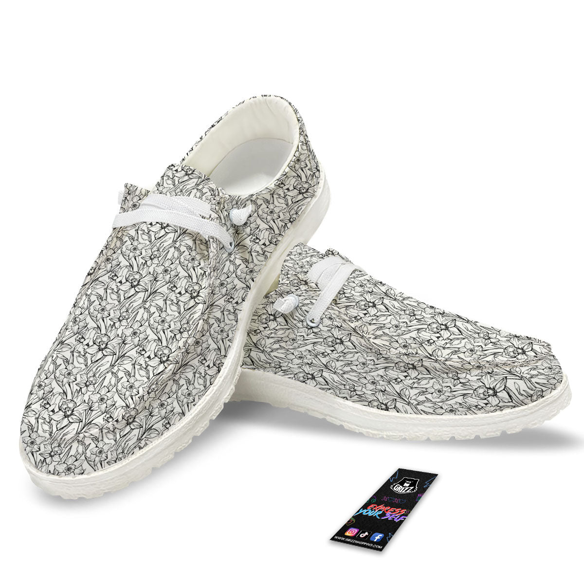 Flower Daffodil Drawing Print Pattern White Loafers-grizzshop