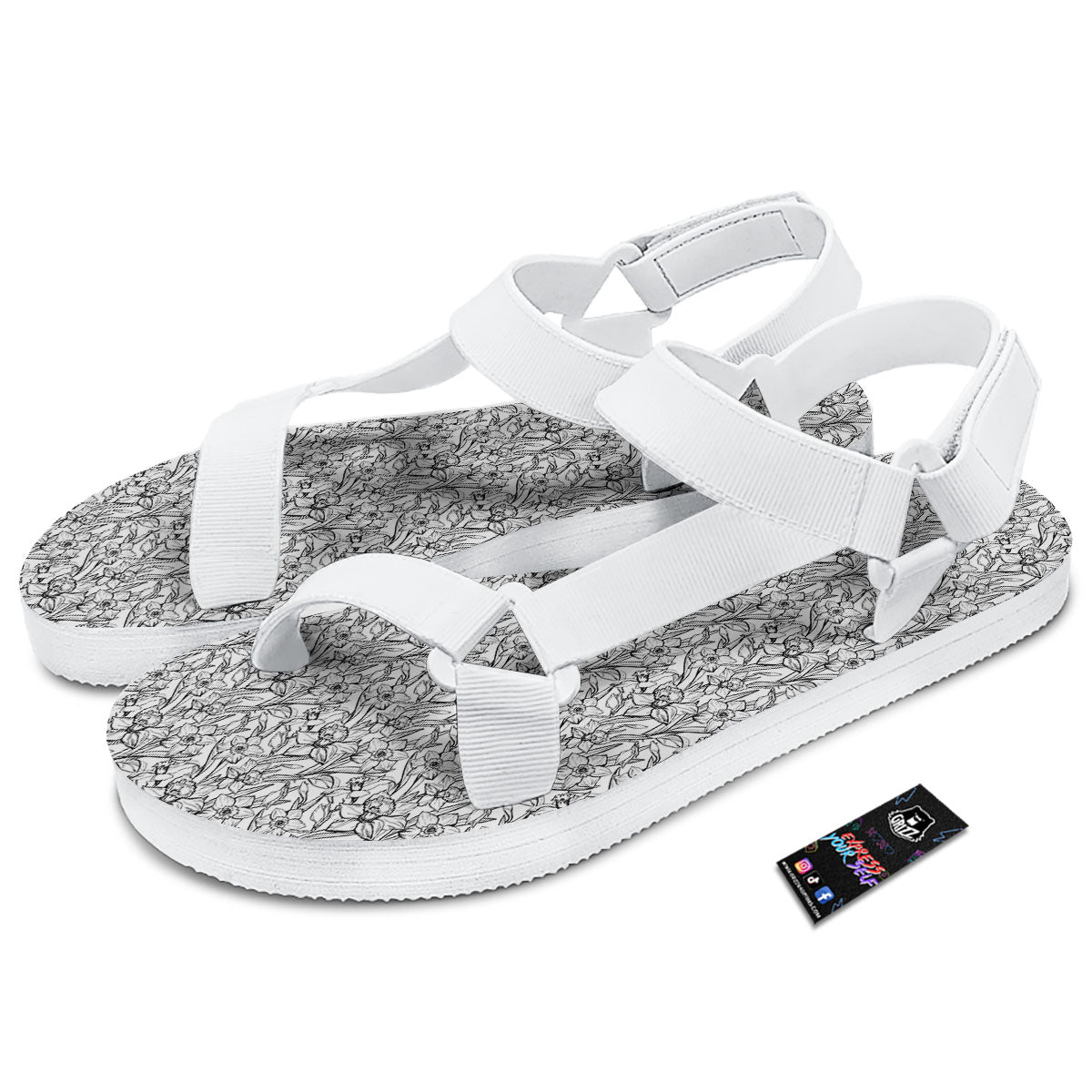 Flower Daffodil Drawing Print Pattern White Open Toe Sandals-grizzshop