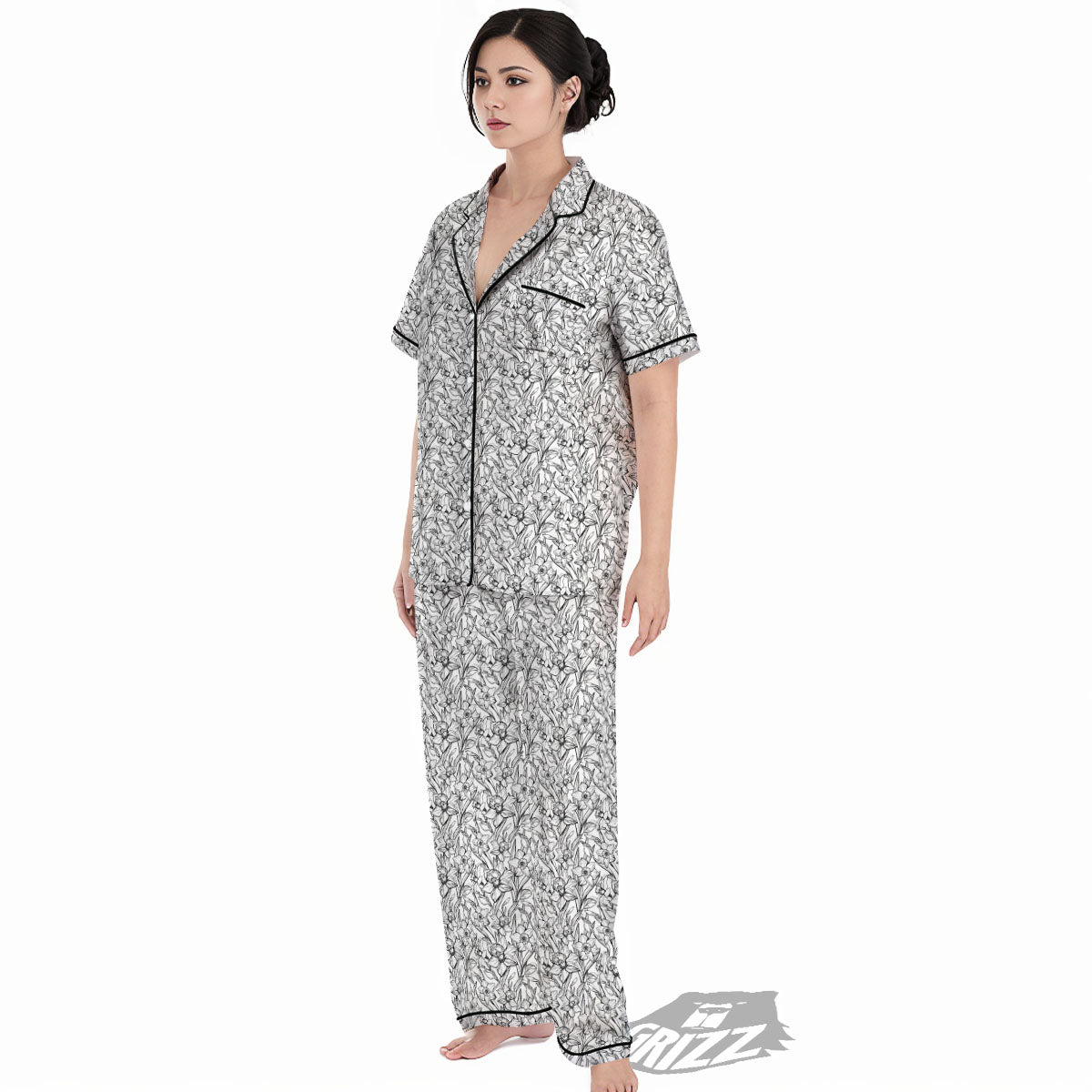 Flower Daffodil Drawing Print Pattern Women's Pajamas Set-grizzshop