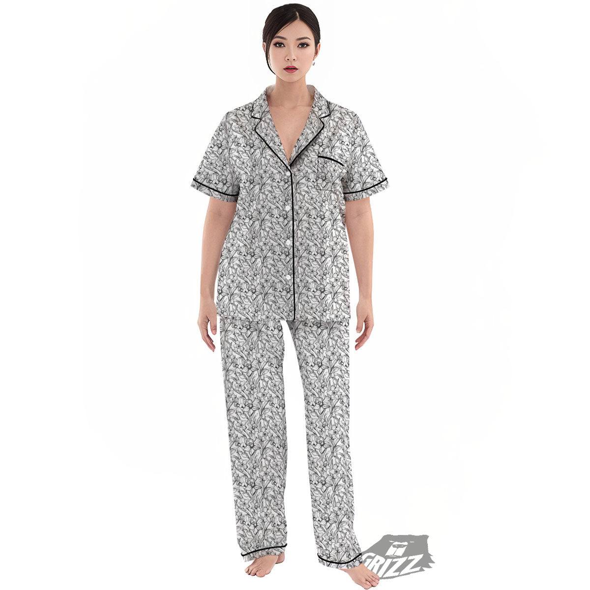 Flower Daffodil Drawing Print Pattern Women's Pajamas Set-grizzshop