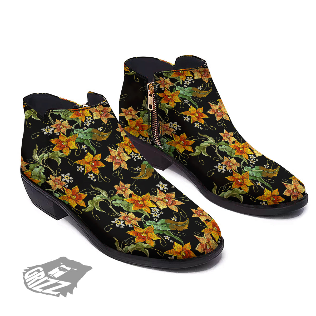 Flower Daffodil Vintage Print Pattern Ankle Boots-grizzshop