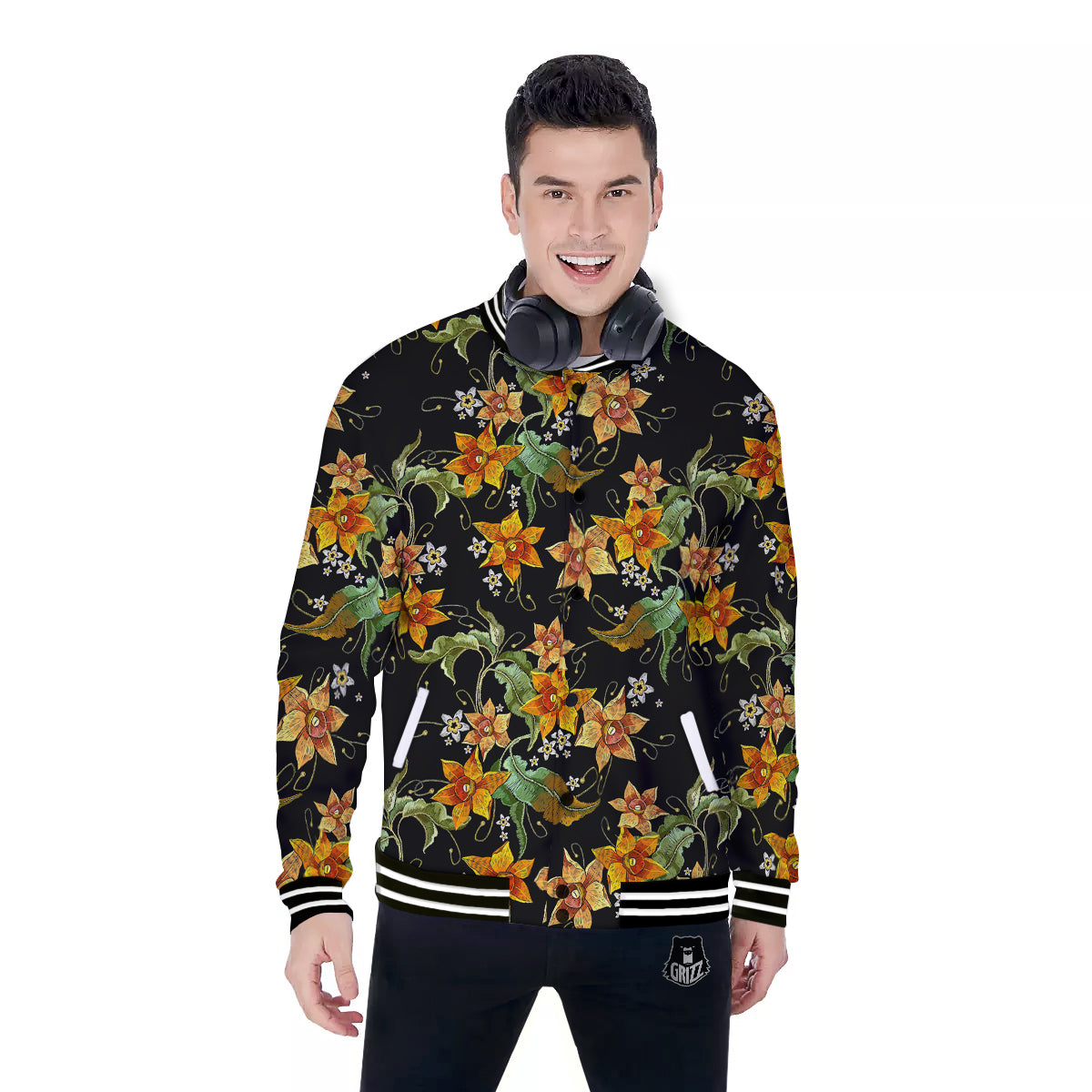 Flower Daffodil Vintage Print Pattern Baseball Jacket-grizzshop