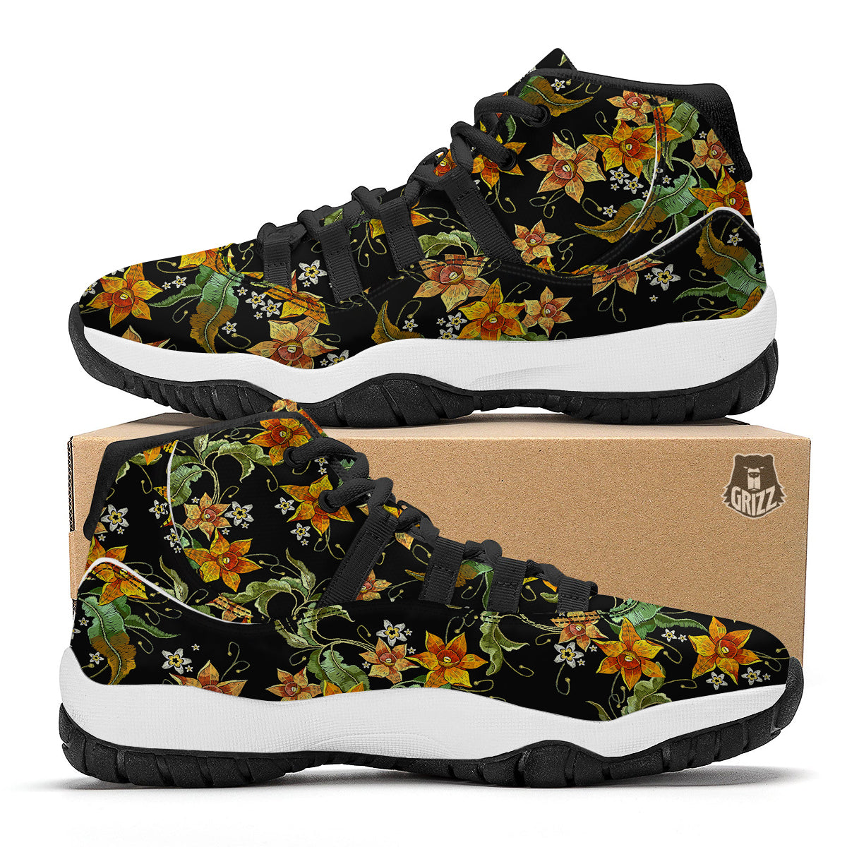Flower Daffodil Vintage Print Pattern Black Bball Shoes-grizzshop