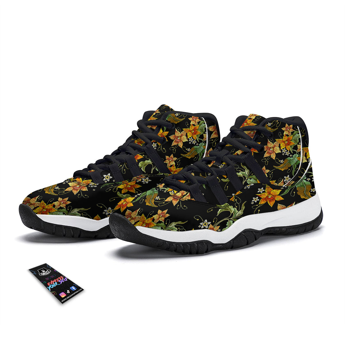 Flower Daffodil Vintage Print Pattern Black Bball Shoes-grizzshop