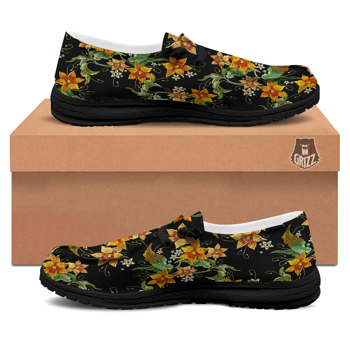 Flower Daffodil Vintage Print Pattern Black Loafers-grizzshop