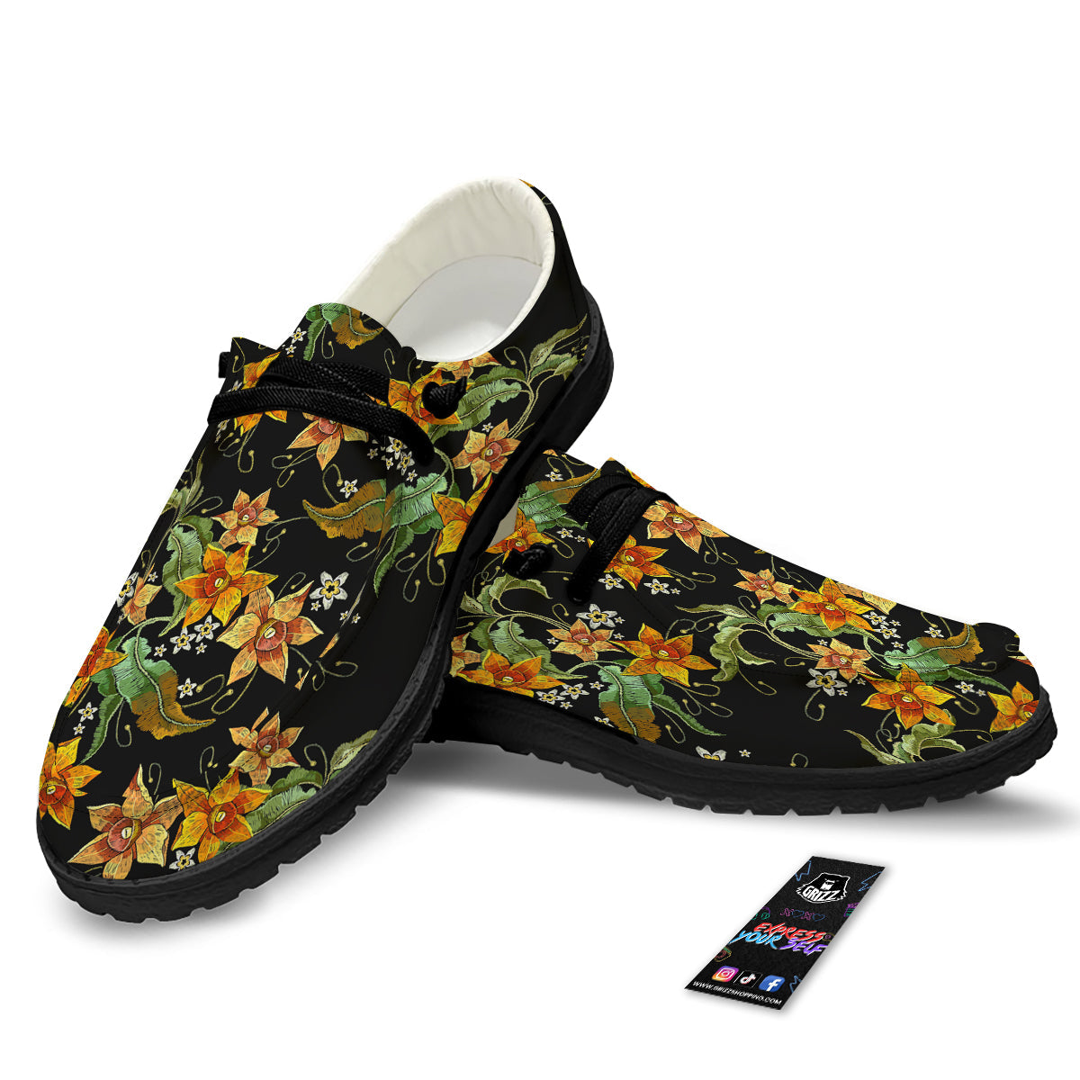 Flower Daffodil Vintage Print Pattern Black Loafers-grizzshop