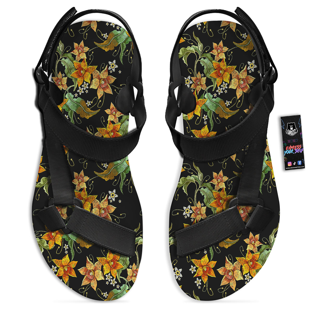 Flower Daffodil Vintage Print Pattern Black Open Toe Sandals-grizzshop