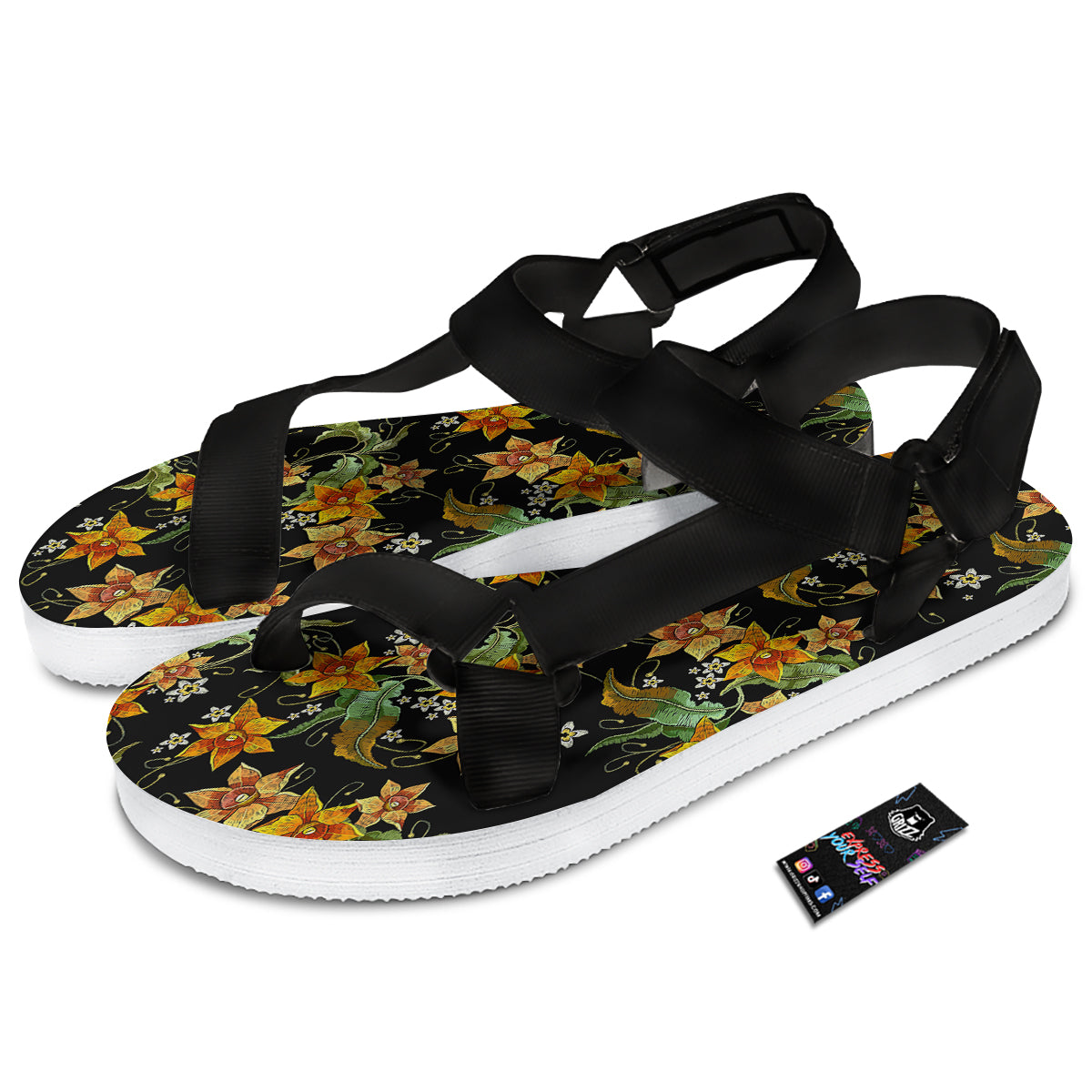 Flower Daffodil Vintage Print Pattern Black Open Toe Sandals-grizzshop