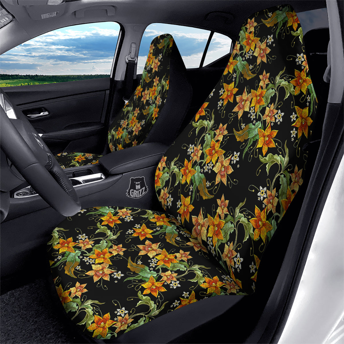 Flower Daffodil Vintage Print Pattern Car Seat Covers-grizzshop