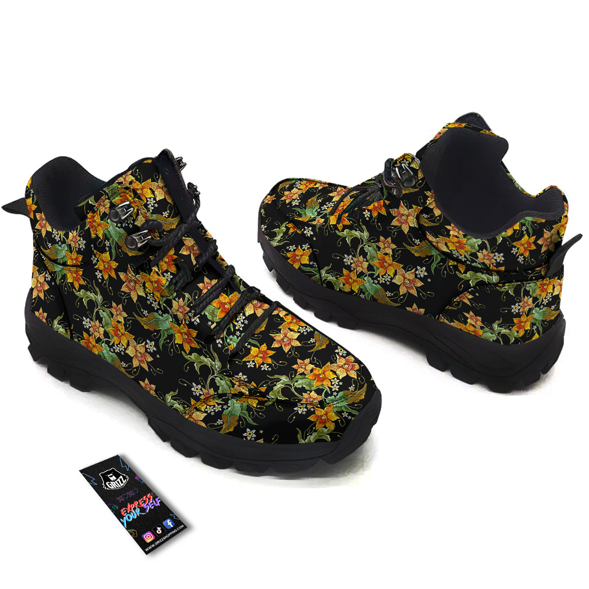 Flower Daffodil Vintage Print Pattern Hiking Shoes-grizzshop