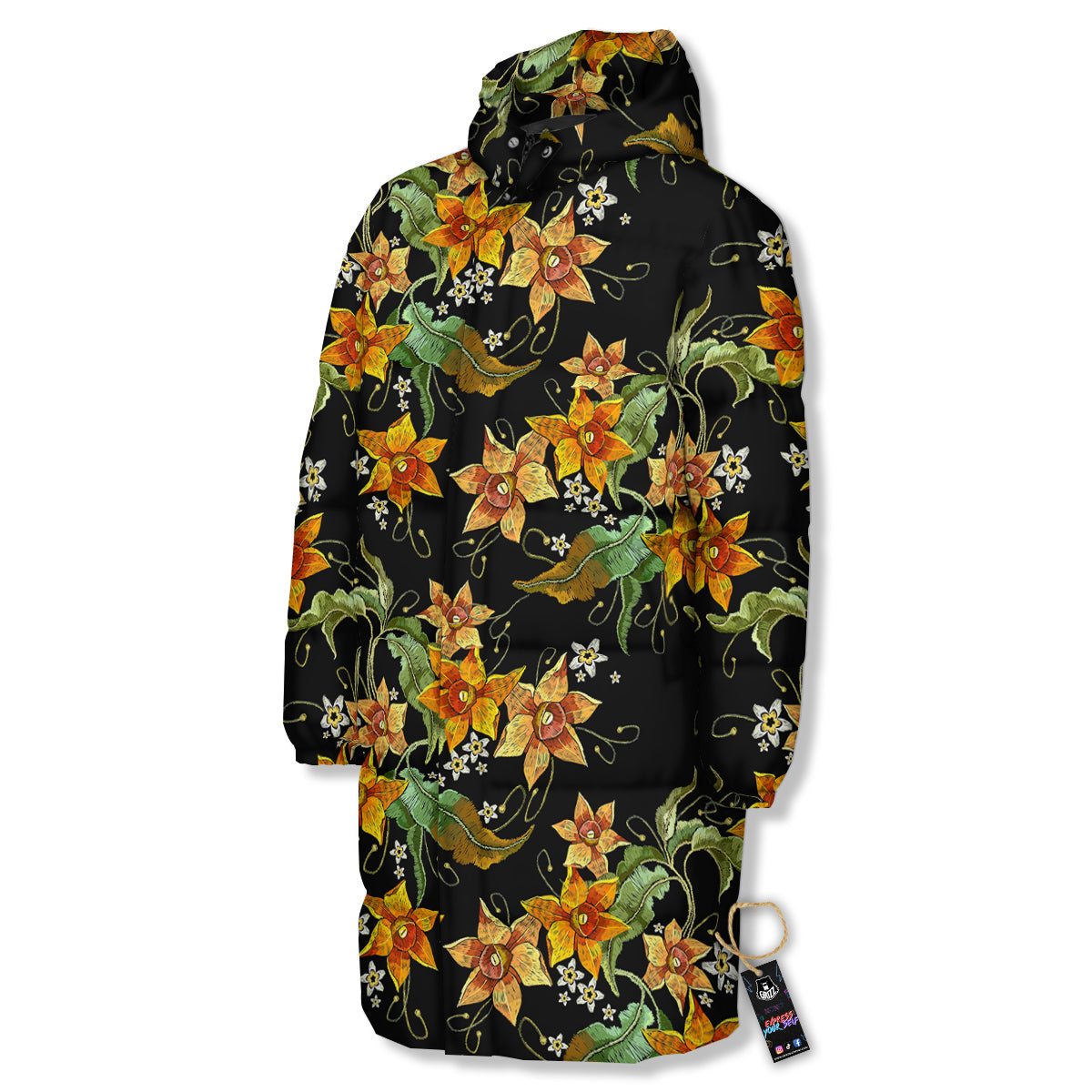 Flower Daffodil Vintage Print Pattern Long Down Jacket-grizzshop