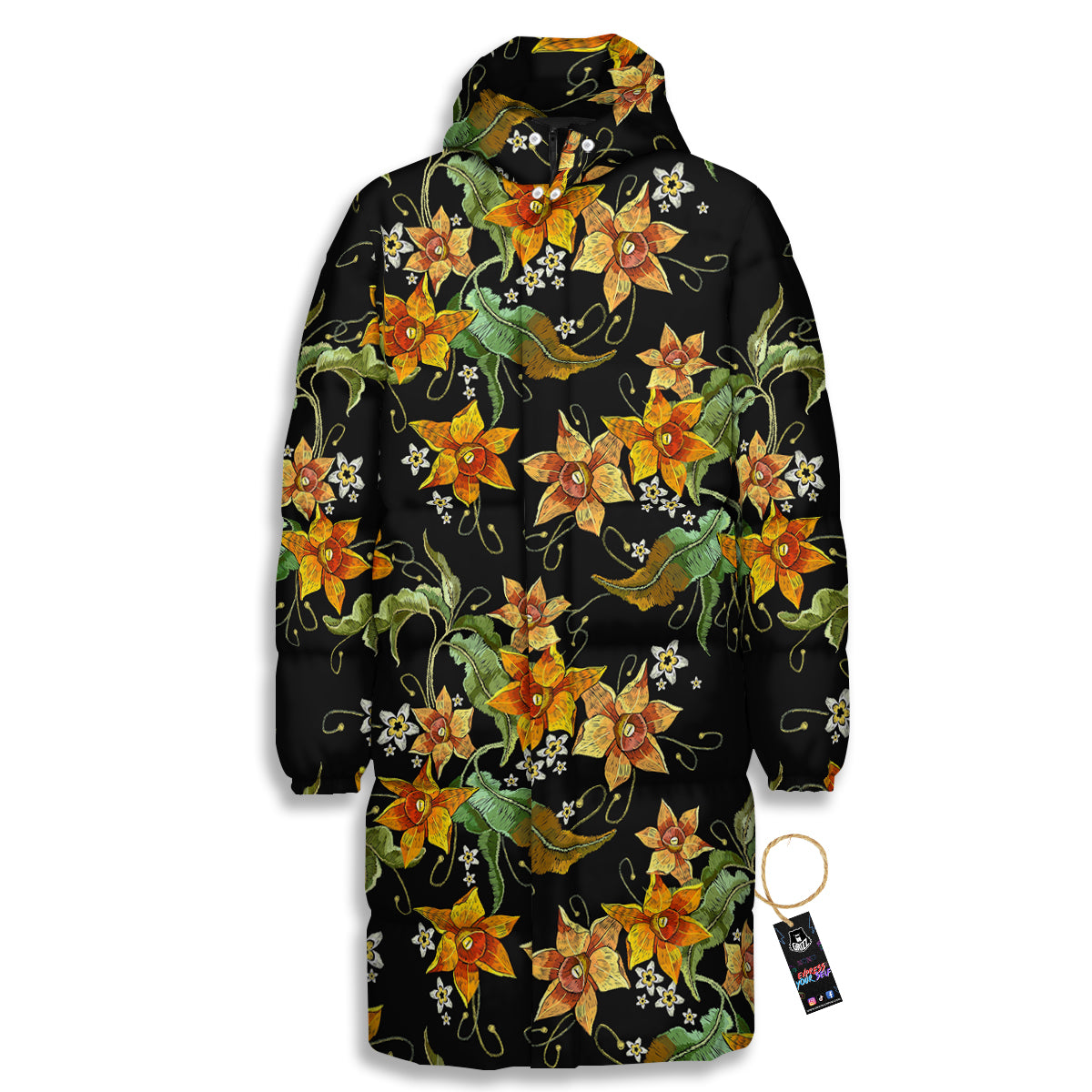 Flower Daffodil Vintage Print Pattern Long Down Jacket-grizzshop