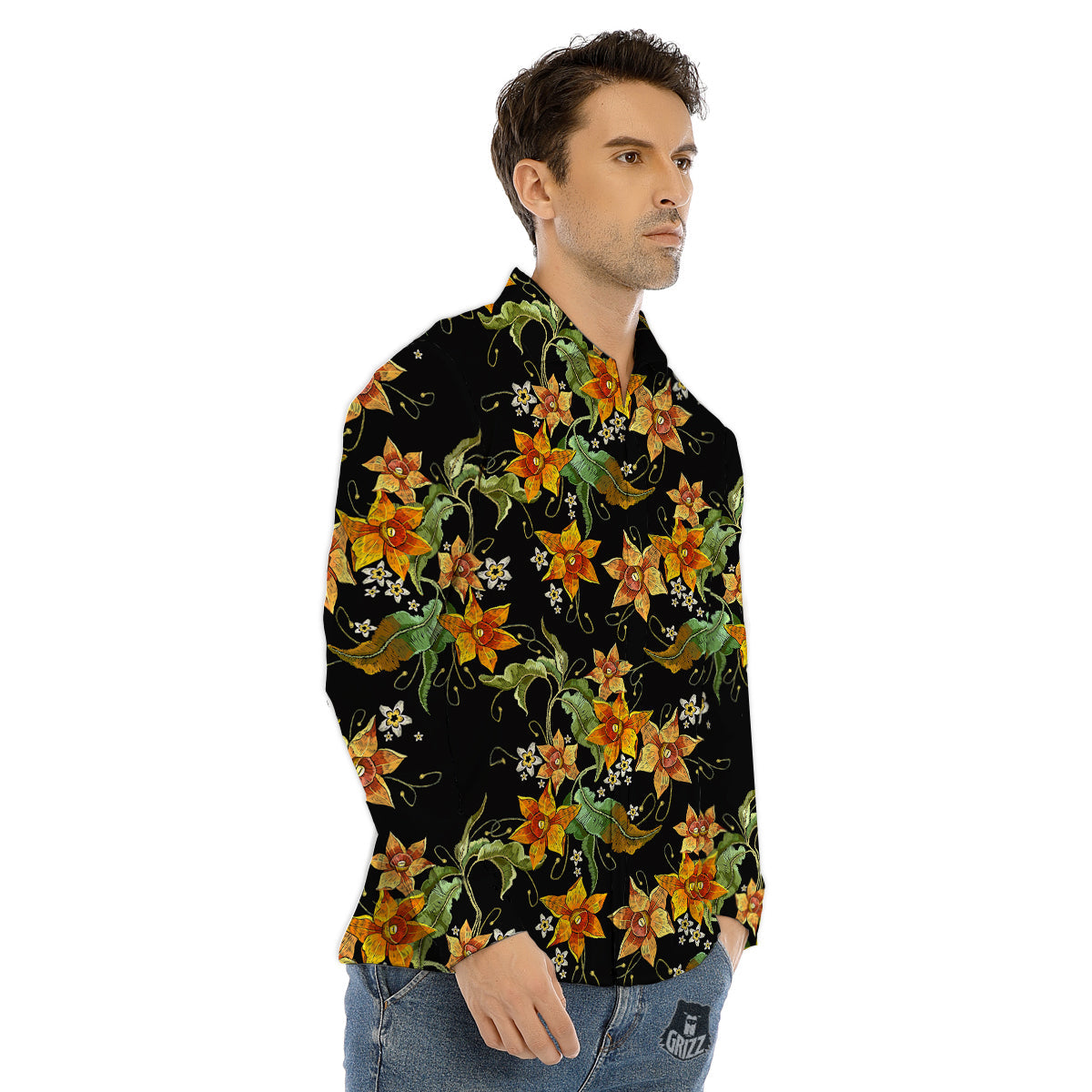 Flower Daffodil Vintage Print Pattern Men's Dress Shirts-grizzshop