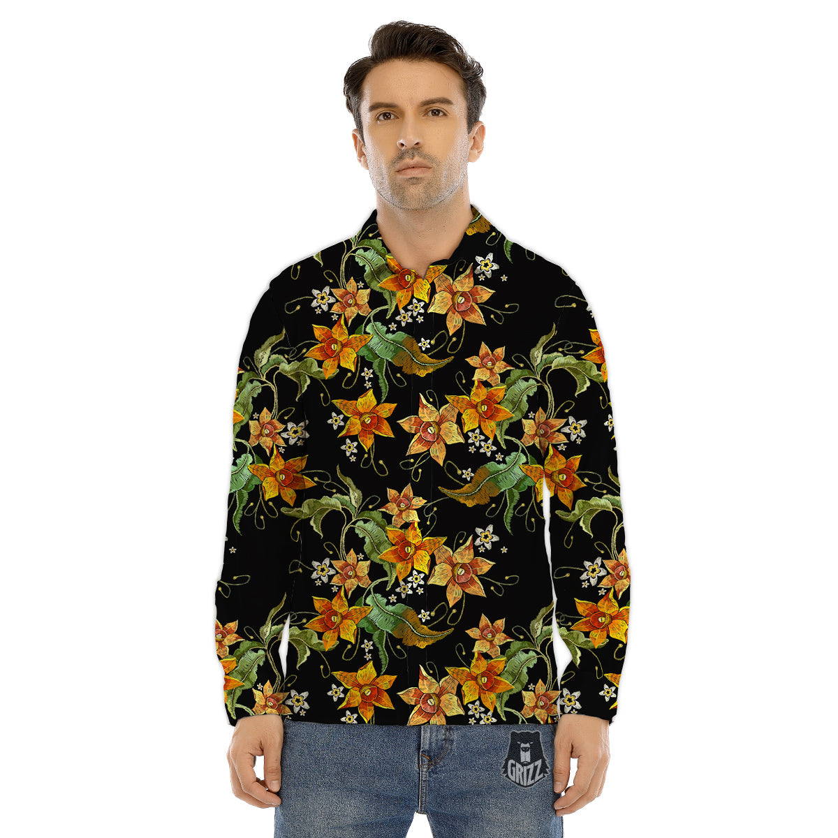Flower Daffodil Vintage Print Pattern Men's Dress Shirts-grizzshop