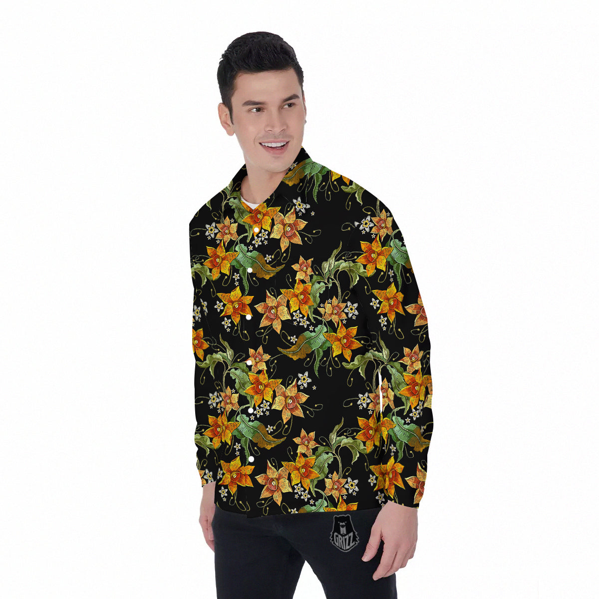 Flower Daffodil Vintage Print Pattern Men's Long Sleeve Shirts-grizzshop