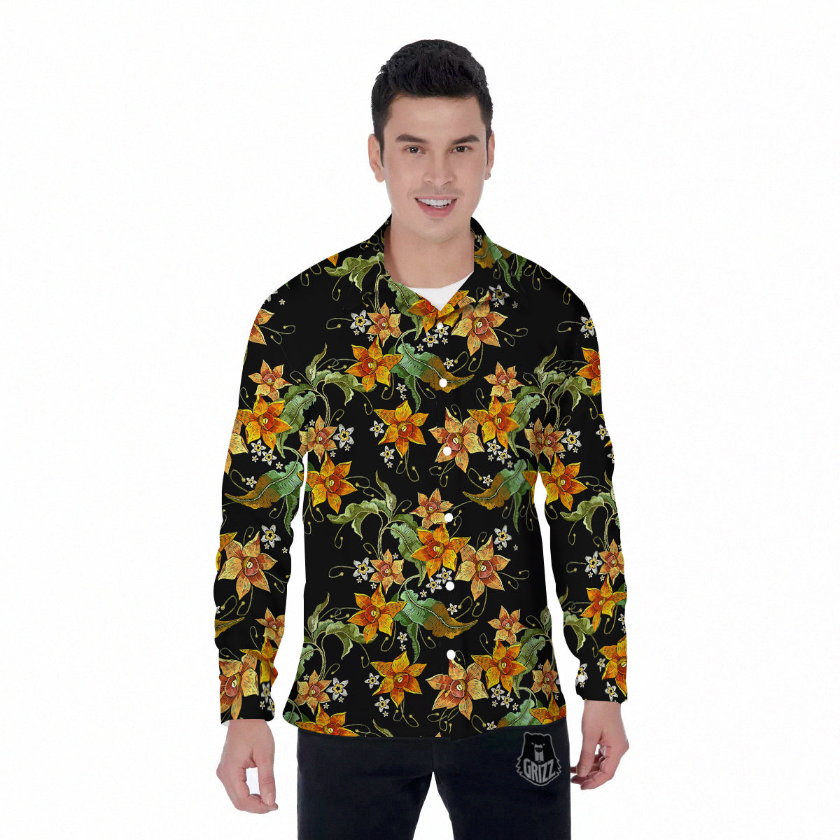 Flower Daffodil Vintage Print Pattern Men's Long Sleeve Shirts-grizzshop